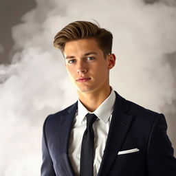 A 21-year-old handsome man in a well-fitted suit, exuding confidence and charm