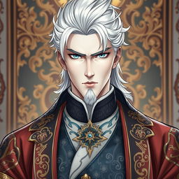 A noble duke with striking white hair and piercing sky-blue eyes, exhibiting a serious expression