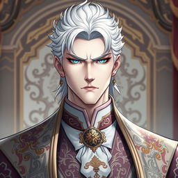 A noble duke with striking white hair and piercing sky-blue eyes, exhibiting a serious expression