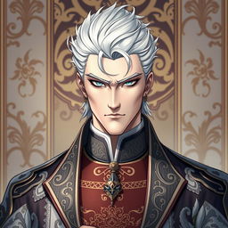 A noble duke with striking white hair and piercing sky-blue eyes, exhibiting a serious expression