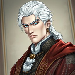 A noble duke with striking white hair and piercing sky-blue eyes, exhibiting a serious expression