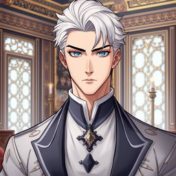A handsome duke with white hair and sky blue eyes, pale skin, and a serious expression