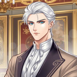 A handsome duke with white hair and sky blue eyes, pale skin, and a serious expression