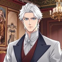 A handsome duke with white hair and sky blue eyes, pale skin, and a serious expression