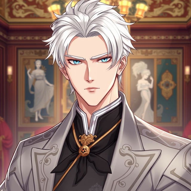 A handsome duke with white hair and sky blue eyes, pale skin, and a serious expression