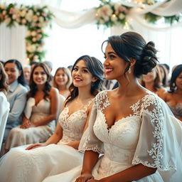 An elegant scene featuring a beautiful bride in a stunning white wedding dress adorned with intricate lace details and delicate embroidery, sitting gracefully among a gathering of joyful friends and family
