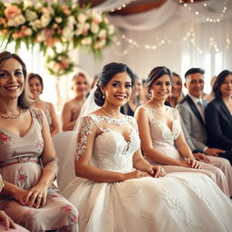 An elegant scene featuring a beautiful bride in a stunning white wedding dress adorned with intricate lace details and delicate embroidery, sitting gracefully among a gathering of joyful friends and family