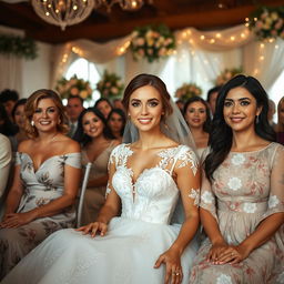 An elegant scene featuring a beautiful bride in a stunning white wedding dress adorned with intricate lace details and delicate embroidery, sitting gracefully among a gathering of joyful friends and family