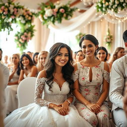 An elegant scene featuring a beautiful bride in a stunning white wedding dress adorned with intricate lace details and delicate embroidery, sitting gracefully among a gathering of joyful friends and family