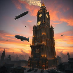 A breathtaking gaspunk depiction of the tallest building ever created, soaring high into the sky with intricate steampunk details