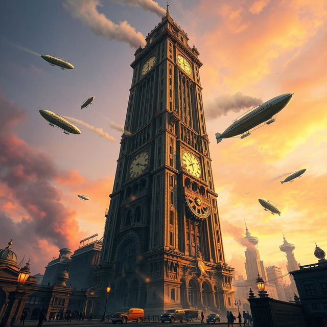 A breathtaking gaspunk depiction of the tallest building ever created, soaring high into the sky with intricate steampunk details