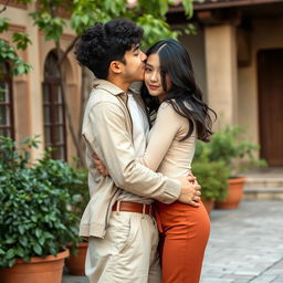 A romantic scene set in Rasht, Iran, featuring a boy with medium curly black hair, no beard, and cream-colored skin