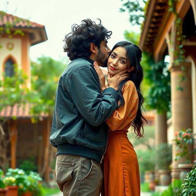 A romantic scene set in Rasht, Iran, featuring a boy with medium curly black hair, no beard, and cream-colored skin