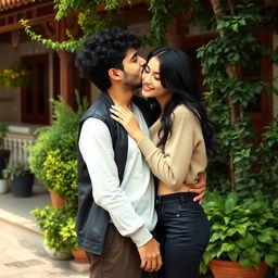 A romantic scene set in Rasht, Iran, featuring a boy with medium curly black hair, no beard, and cream-colored skin