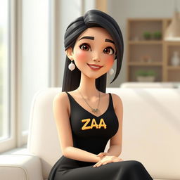 A 3D animated illustration of an adult Indonesian woman sitting casually