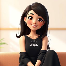 A 3D animated illustration of an adult Indonesian woman sitting casually