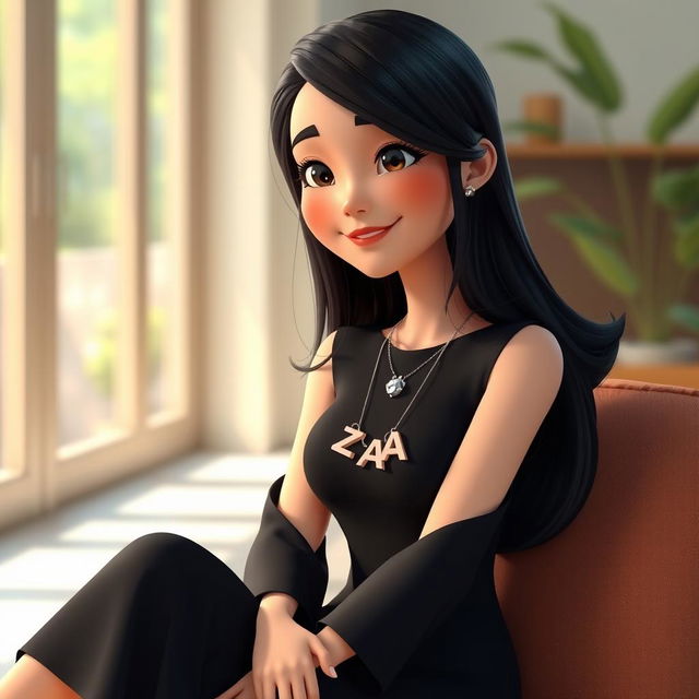 A 3D animated illustration of an adult Indonesian woman sitting casually