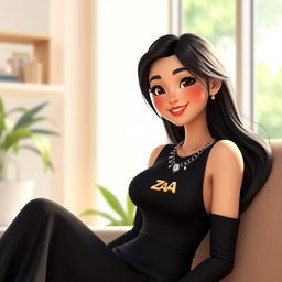 A 3D animated illustration of an adult Indonesian woman sitting casually