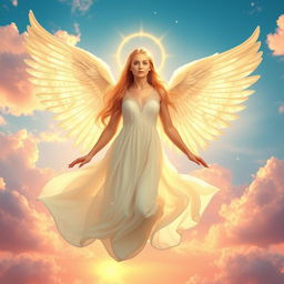 A stunning celestial angel with large, ethereal wings, gracefully soaring through a sky filled with soft, fluffy clouds