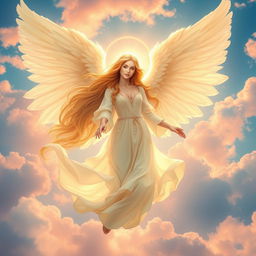 A stunning celestial angel with large, ethereal wings, gracefully soaring through a sky filled with soft, fluffy clouds