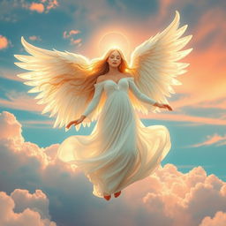 A stunning celestial angel with large, ethereal wings, gracefully soaring through a sky filled with soft, fluffy clouds