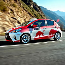 A 2013 Toyota Yaris with four doors designed in a dynamic rally style, featuring white rally rims that enhance its sporty appearance