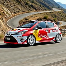 A 2013 Toyota Yaris with four doors designed in a dynamic rally style, featuring white rally rims that enhance its sporty appearance