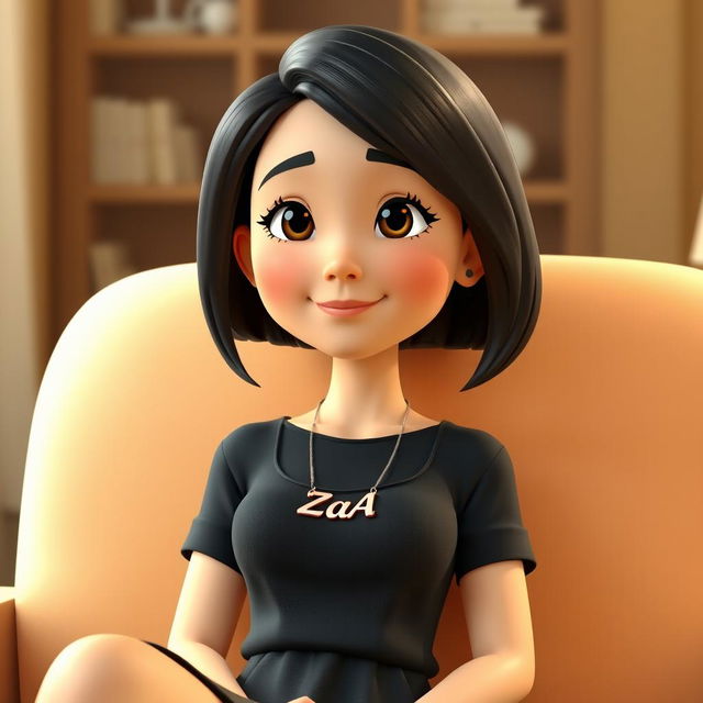 A 3D animated illustration of an adult Indonesian woman sitting comfortably