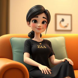 A 3D animated illustration of an adult Indonesian woman sitting comfortably