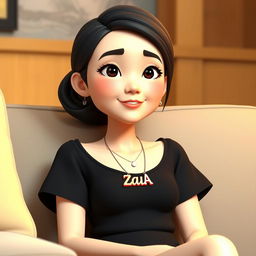 A 3D animated illustration of an adult Indonesian woman sitting comfortably