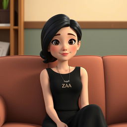 A 3D animated illustration of an adult Indonesian woman sitting comfortably