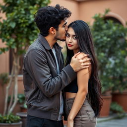 A romantic scene in Rasht, Iran, featuring a boy with medium curly black hair, groomed without a beard, wearing baggy pants and a stylish jacket