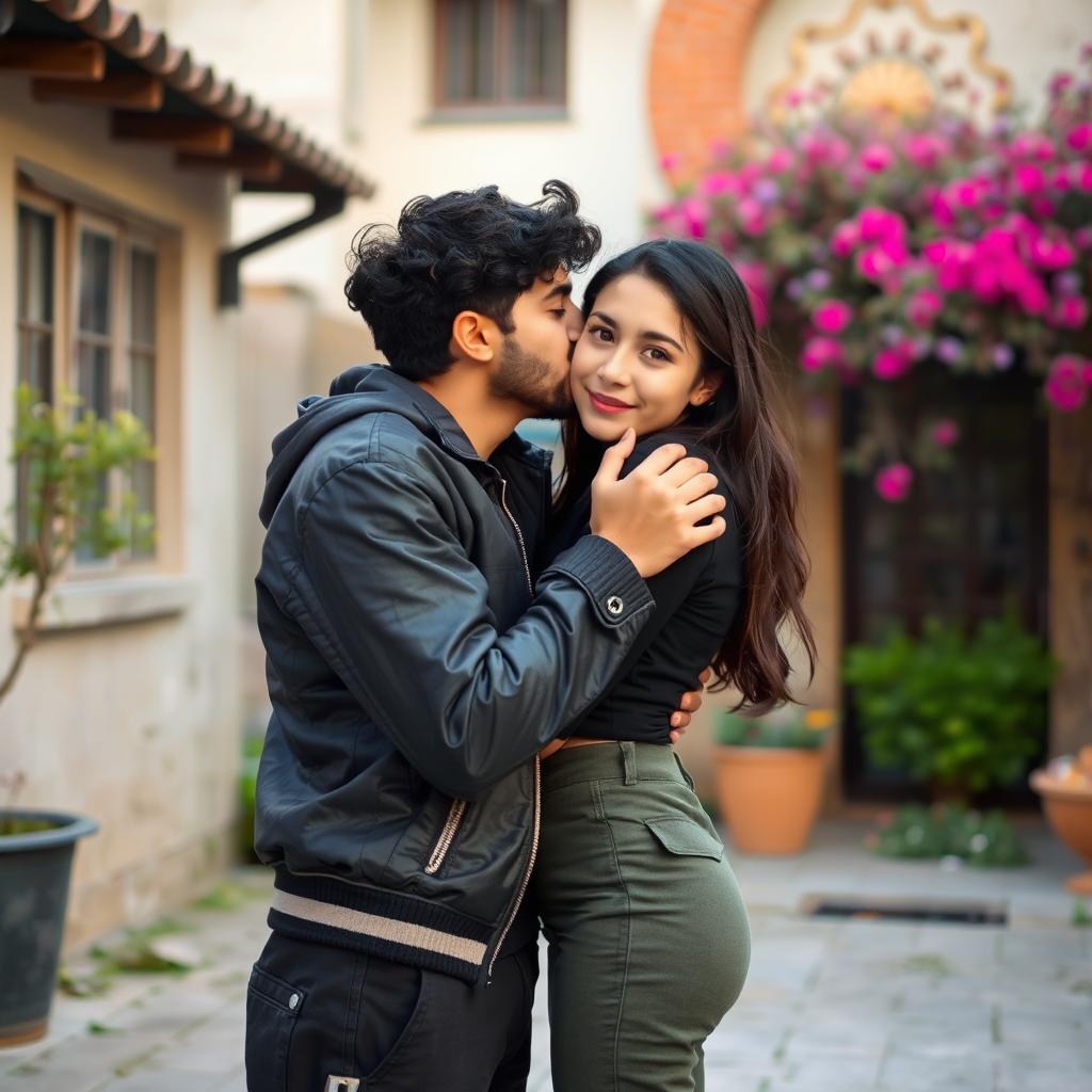 A romantic scene in Rasht, Iran, featuring a boy with medium curly black hair, groomed without a beard, wearing baggy pants and a stylish jacket