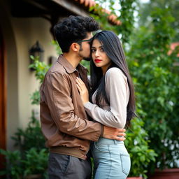 A romantic scene in Rasht, Iran, featuring a boy with medium curly black hair, groomed without a beard, wearing baggy pants and a stylish jacket