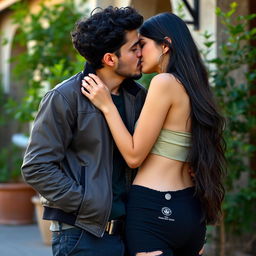 A romantic scene in Rasht, Iran, featuring a boy with medium curly black hair, groomed without a beard, wearing baggy pants and a stylish jacket