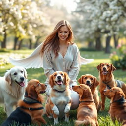 A serene scene featuring Angelie, a graceful figure with flowing hair, surrounded by a group of happy dogs of various breeds, including a Golden Retriever, a Beagle, and a Dachshund