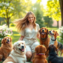 A serene scene featuring Angelie, a graceful figure with flowing hair, surrounded by a group of happy dogs of various breeds, including a Golden Retriever, a Beagle, and a Dachshund