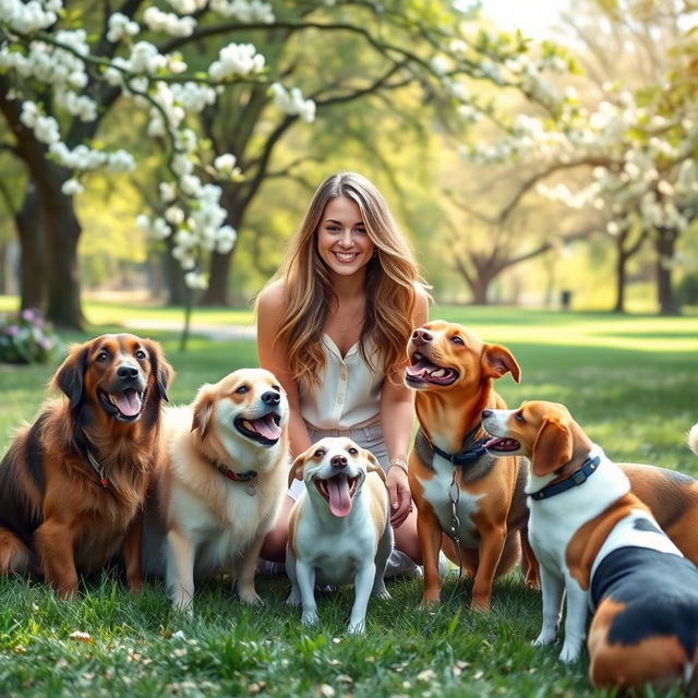 A serene scene featuring Angelie, a graceful figure with flowing hair, surrounded by a group of happy dogs of various breeds, including a Golden Retriever, a Beagle, and a Dachshund