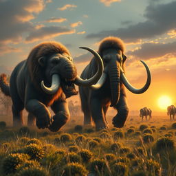 A Smilodon, also known as the saber-toothed cat, energetically hunting a mammoth in a prehistoric landscape