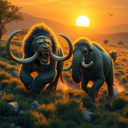 A Smilodon, also known as the saber-toothed cat, energetically hunting a mammoth in a prehistoric landscape