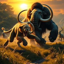 A Smilodon, also known as the saber-toothed cat, energetically hunting a mammoth in a prehistoric landscape