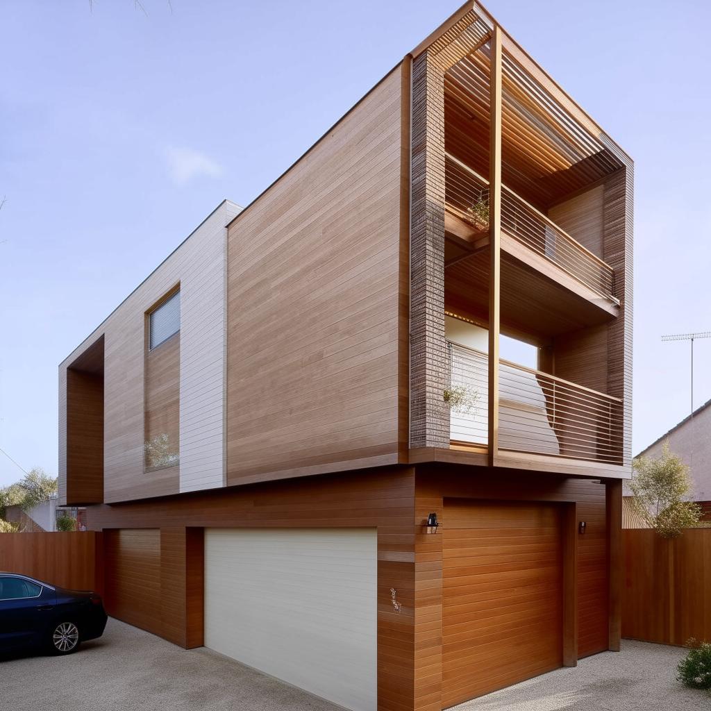 A stylish three-storey building of dimensions 100ft x 30ft with a garage on its right side. Inside the garage, a beautifully designed staircase connects the floors.