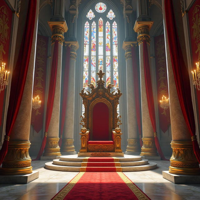 A breathtaking royal throne room splendidly designed for a fantasy novel cover, featuring an intricately detailed throne made of carved wood with lavish gold accents