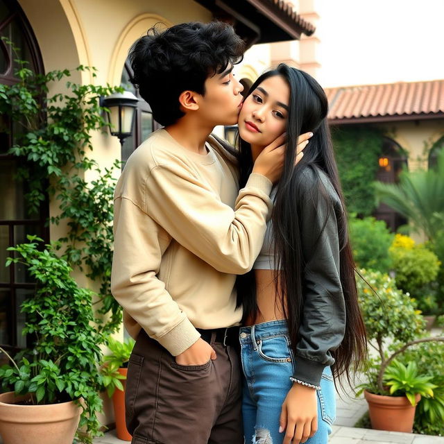 A romantic scene set in Rasht, Iran, featuring a teenage boy with medium curly black hair, smooth cream-colored skin, wearing baggy pants and a stylish jacket