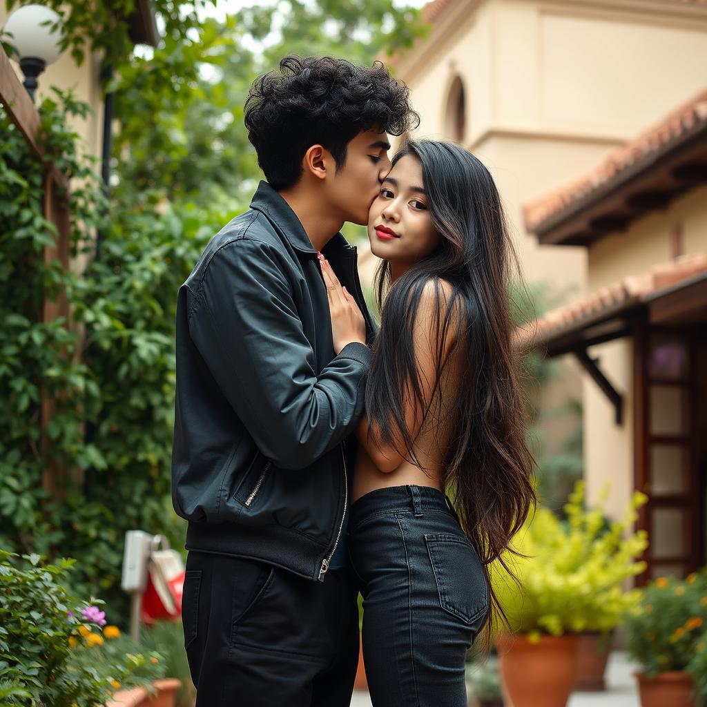 A romantic scene set in Rasht, Iran, featuring a teenage boy with medium curly black hair, smooth cream-colored skin, wearing baggy pants and a stylish jacket