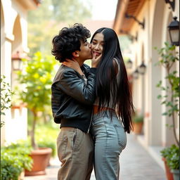 A romantic scene set in Rasht, Iran, featuring a teenage boy with medium curly black hair, smooth cream-colored skin, wearing baggy pants and a stylish jacket