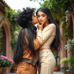 A romantic scene set in Rasht, Iran, featuring a teenage boy with medium curly black hair, smooth cream-colored skin, wearing baggy pants and a stylish jacket