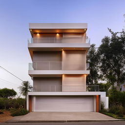 A stylish three-storey building of dimensions 100ft x 30ft with a garage on its right side. Inside the garage, a beautifully designed staircase connects the floors.