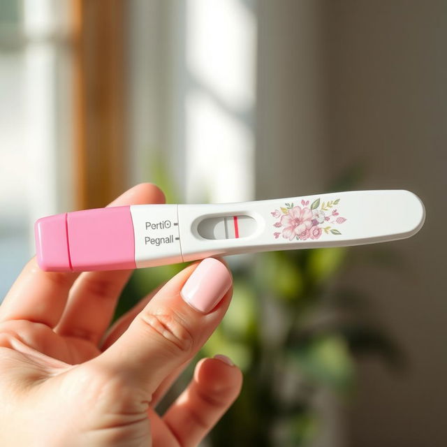 A close-up of a human hand holding a pregnancy test showing two clear pink lines indicating a positive result