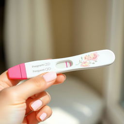 A close-up of a human hand holding a pregnancy test showing two clear pink lines indicating a positive result